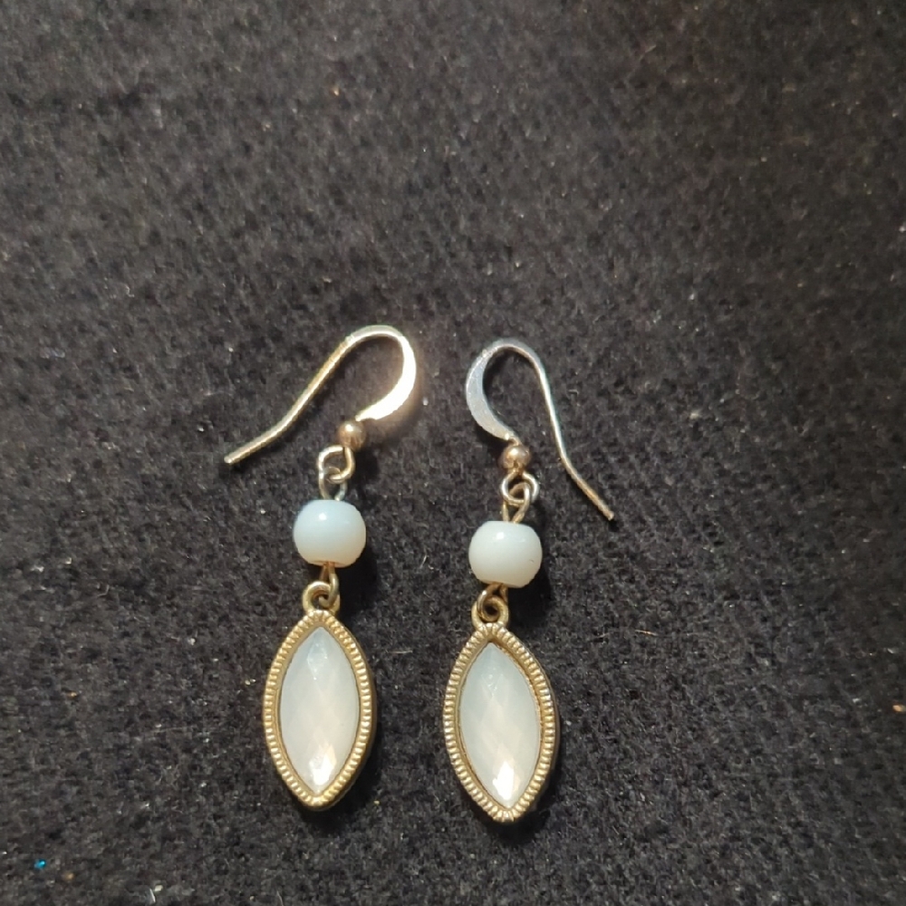 Gold Tone White Beaded Rhinestone Dangle Drop Statement Earrings